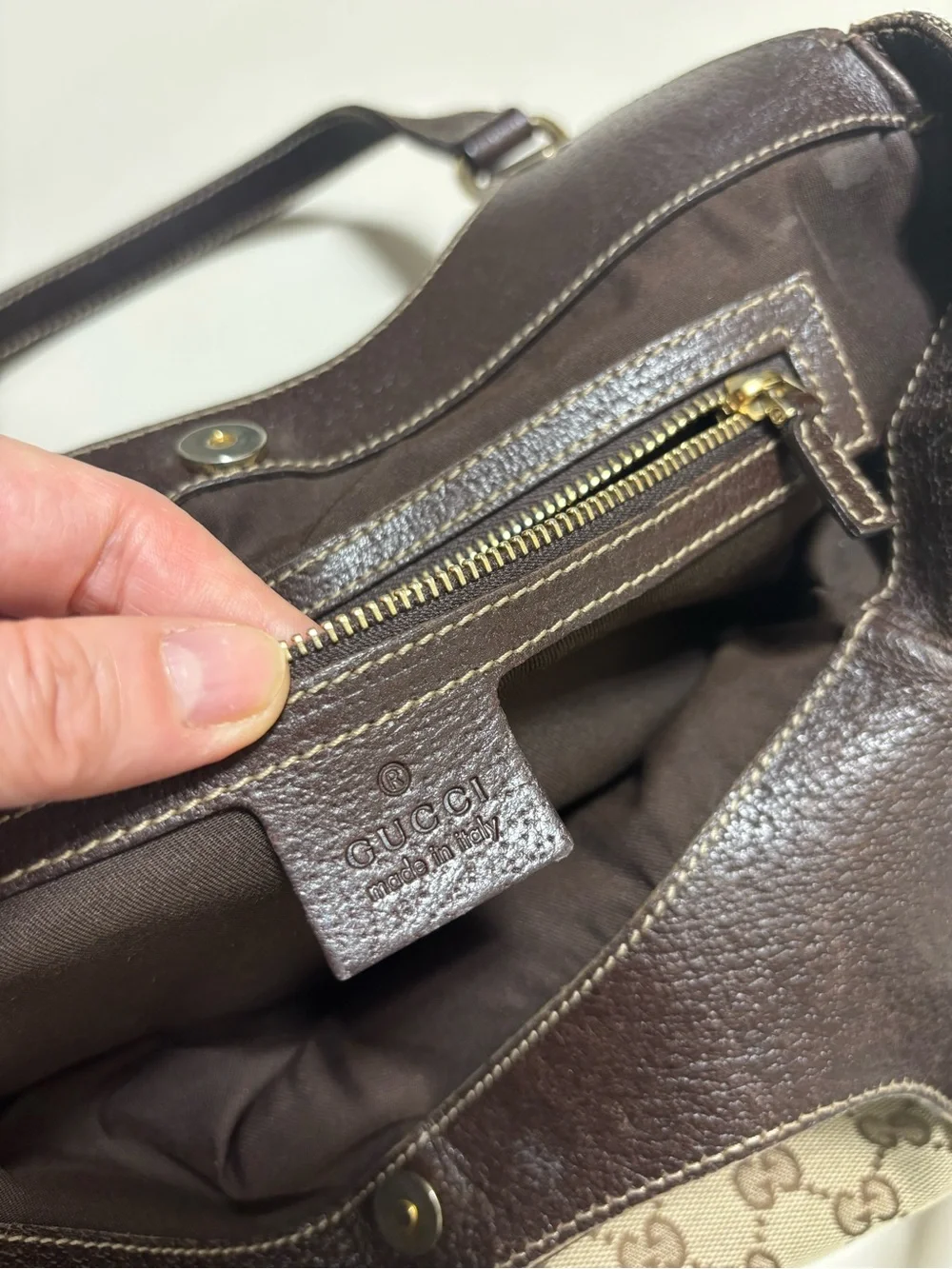 Gucci Beige/Brown Monogram Canvas Shoulder Bag with Dark Brown Trim
